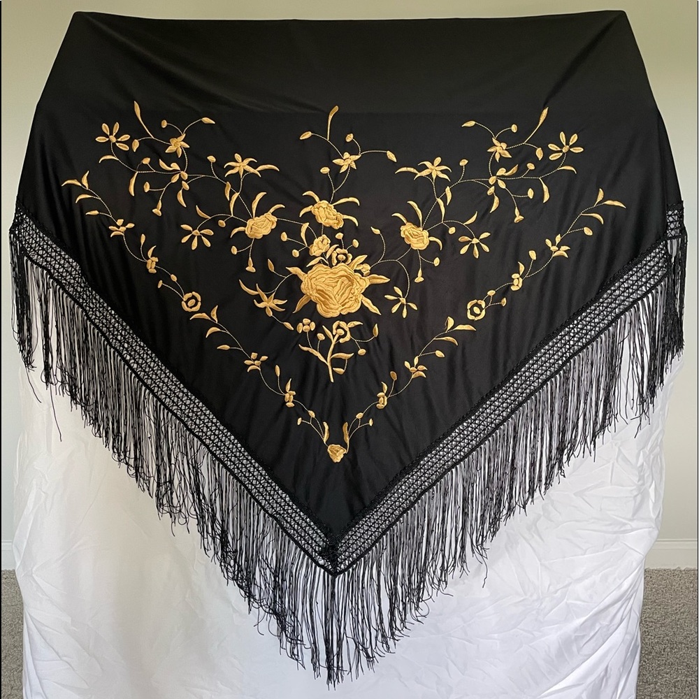 Flamenco Black Embroidered Fringe Shawl Scarf